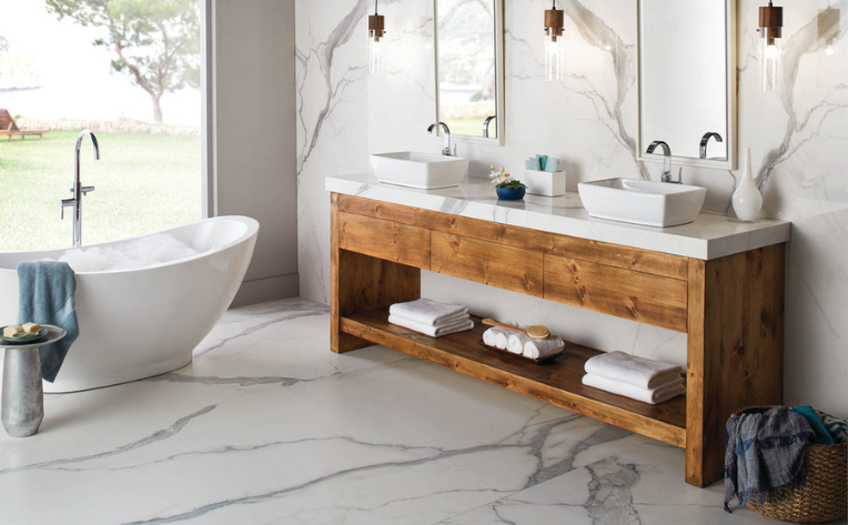 bathroom with marble tile flooring